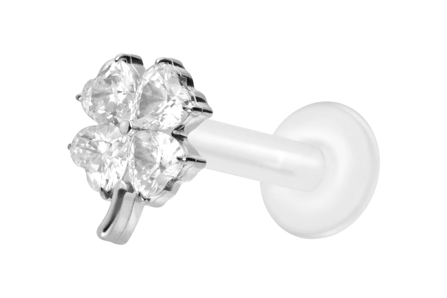 PTFE Labret Piercing mit Innengewinde + Titan-Aufsatz KRISTALLKLEEBLATT